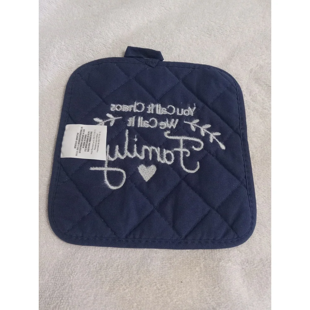 Quilted Potholder Set of 6 Funny Embroidered‎ Sayings Kitchen Decor Navy Blue